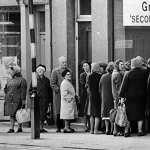 Pensioners queue outside Greggs Seconds Shop, Westgate Road, 12th July 1974