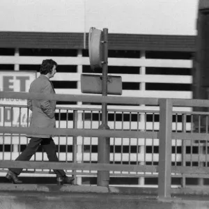 People crossing the motorway dangerously, in the north of England. 11th November 1974 People crossing the motorway dangerously, in the north of England. 11th November 1974