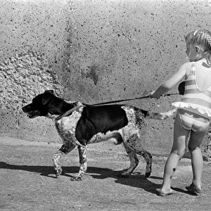 People enjoying a day at Crosby beach. A young girl with a dog. Crosby, Merseyside