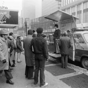 Print of a public speech in New York, 1981