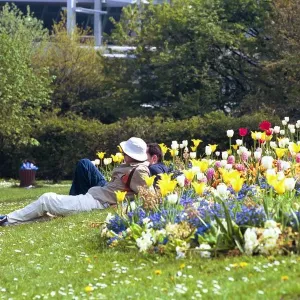 People sun bathing and relaxing in the Bank Holiday weather in Leazes Park