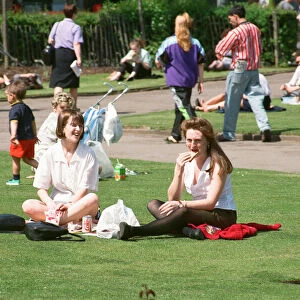 People sunbathing in Victoria Gardens, Middlesbrough. 14th May 1992