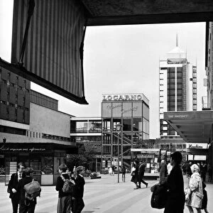 People walking past the shops in Smithford Way, Coventry. 17th July 1965