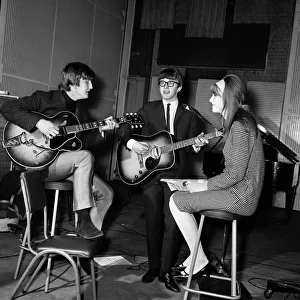 Peter Asher and Gordon Waller rehearse with Peters sister Jane Asher at the EMI