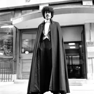 Phil Lynott of Thin Lizzy modelling clothes from Saville Row, London Phil Lynott of Thin Lizzy modelling clothes from Saville Row, London