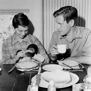 Photo shows Gerald Durrell and Jacqueline Durrell with their pet Chimpanzee Cholmondley Photo shows Gerald Durrell and Jacqueline Durrell with their pet Chimpanzee Cholmondley