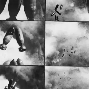 Photos taken by the RAF Film Unit show, top left, a close-up as bombs are dropped from a Photos taken by the RAF Film Unit show, top left, a close-up as bombs are dropped from a