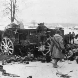 Print of Soviet Red Army advancing on a German supply train wreckage