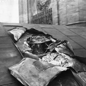 Picture shows a hole in the roof of the Derby Memorial Transept (memorial space Picture shows a hole in the roof of the Derby Memorial Transept (memorial space