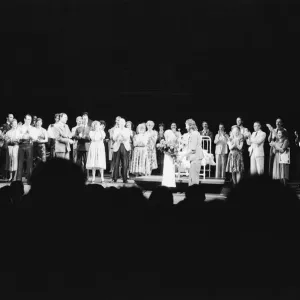 Picture shows the onstage celebrations at David Essex (who plays Che