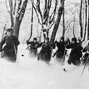Picture shows: Soldiers of the Soviet Red Army advancing on skis in readiness to turn