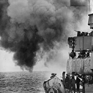 Picture taken on board a British Battleship as it takes part in a naval bombardment of