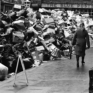 Piles of rubbish in Soho, London, during the dustmens strike. 30th January 1979