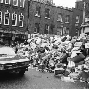 Piles of rubbish in Soho, London, during the dustmens strike. 30th January 1979 Piles of rubbish in Soho, London, during the dustmens strike. 30th January 1979