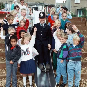 PC Denby Tests Slide at Reinwood Infant Print 1990 PC Denby Tests Slide at Reinwood Infant Print 1990