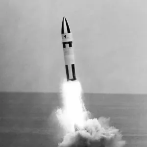 A Polaris A-3 missile ignites its main rocket motor after being launched from the USS A Polaris A-3 missile ignites its main rocket motor after being launched from the USS