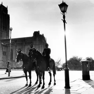 Police mounted on horses patrol the area around Liverpool Anglican Cathedral Police mounted on horses patrol the area around Liverpool Anglican Cathedral