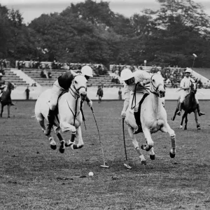 Polo players on horseback in action. England v Rest. Lord Wodehouse attacking Rest Polo players on horseback in action. England v Rest. Lord Wodehouse attacking Rest