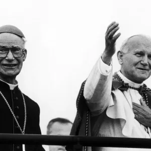 Pope John Paul II accompanied by Bishop, blesses congregation at Mass, Heaton Park Pope John Paul II accompanied by Bishop, blesses congregation at Mass, Heaton Park
