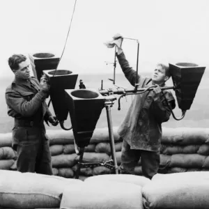 Preparing sound detectors, for a another day of duty, manned by Royal Engineers Preparing sound detectors, for a another day of duty, manned by Royal Engineers