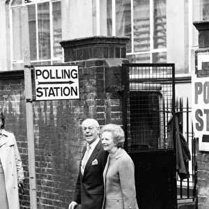 Prime Minister Margaret Thatcher campaigning in Harrogate with her husband Denis