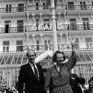 Prime Minister Margaret Thatcher and Conservative Chairman Norman Tebbit return to