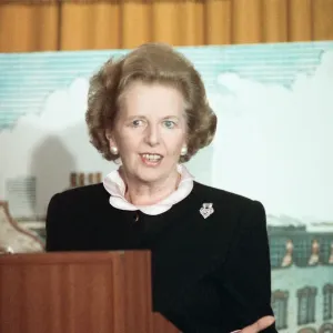 Prime Minister Margaret Thatcher delivers a speech shortly after hearing about Prime Minister Margaret Thatcher delivers a speech shortly after hearing about