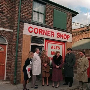 Prime Minister Margaret Thatcher at Granada TV on the Coronation Street set with some of