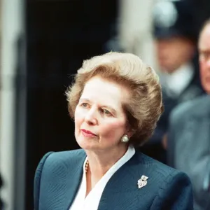 Prime Minister Margaret Thatcher holds a press conference outside 10 Downing Street
