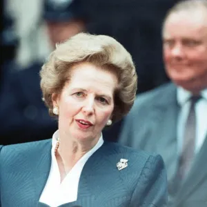 Prime Minister Margaret Thatcher holds a press conference outside 10 Downing Street