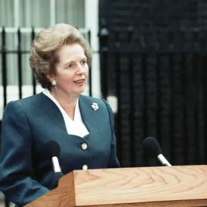 Prime Minister Margaret Thatcher holds a press conference outside 10 Downing Street