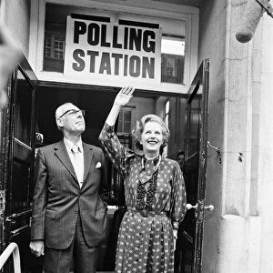Prime Minister Margaret Thatcher and husband Dennis seen here leaving the polling station