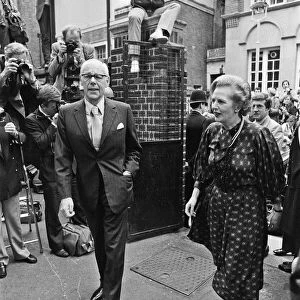 Prime Minister Margaret Thatcher and husband Dennis seen here arriving at the polling