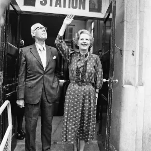 Print of Margaret Thatcher and Dennis leaving polling station Print of Margaret Thatcher and Dennis leaving polling station