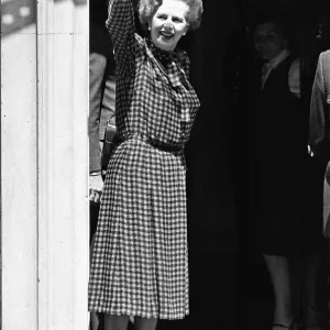 Print of Margaret Thatcher waving to crowds on 10 Downing Street steps Print of Margaret Thatcher waving to crowds on 10 Downing Street steps