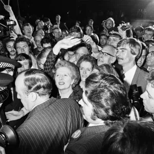 Prime Minister Margaret Thatcher waves to the crowds of her supports as she arrives Prime Minister Margaret Thatcher waves to the crowds of her supports as she arrives