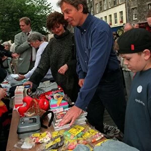 Prime Minister Tony Blair August 1998 with his wife Cherie in the Grassmarket