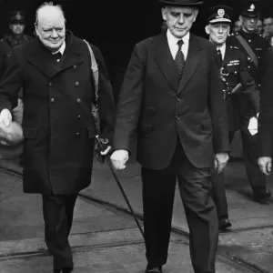 Black and white print of Winston Churchill at Birkenhead shipyard Black and white print of Winston Churchill at Birkenhead shipyard