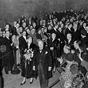 Prime Minister Winston Churchill receives a birthday presentation in Westminster Hall