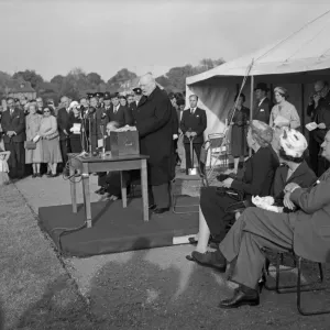 Former Prime Minister Winston Churchill speaking after planting an oak tree to inaugurate Former Prime Minister Winston Churchill speaking after planting an oak tree to inaugurate
