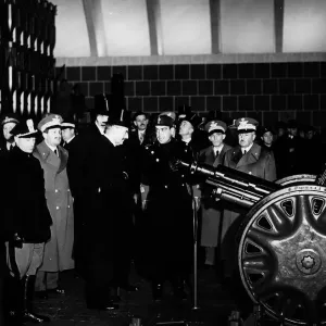 Prime Minsiter Neville Chamberlain visits a munitions factory in Italy Circa 1937