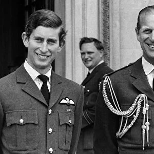 Prince Charles and his father Prince Philip wearing RAF uniform at the passing out parade