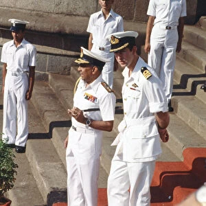 Prince Charles pictured during his tour of India, wearing white Navy uniform