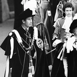 Prince Charles and the Queen mother wearing robes-a suit and a dress October 1978