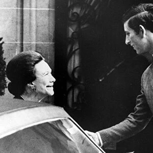 Prince Charles shakes hands with Duchess of Windsor 1972 at the conclusion of his