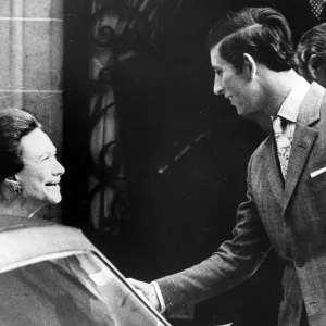 Prince Charles shakes hands with Duchess of Windsor 1972 at the conclusion of his