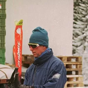 Prince Charles in ski suit skiing with Santa and Tara Palmer Tomkinson in Klosters