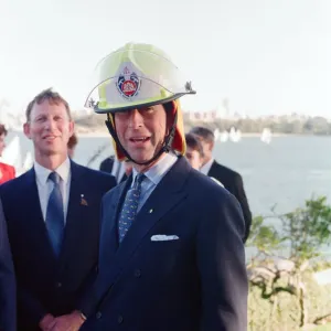 Prince Charles in Sydney, pictured wearing a fire fighters helmet. Sydney, Australia