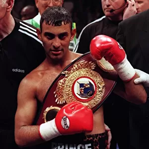 Prince Naseem Hamed boxer and WBO featherweight champion celebrates his 2nd round knock