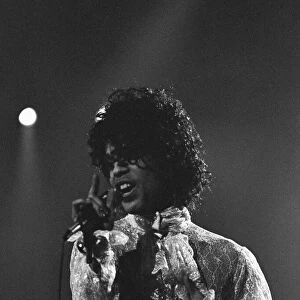 Prince performing on stage at the Joe Louis Arena, Chicago 11th November 1984